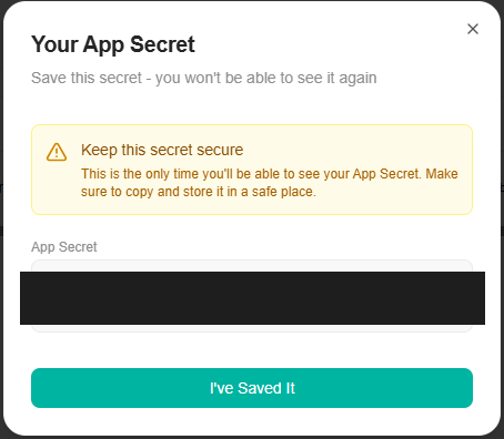One-time App Secret dialog