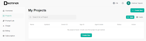 Projects page empty state
